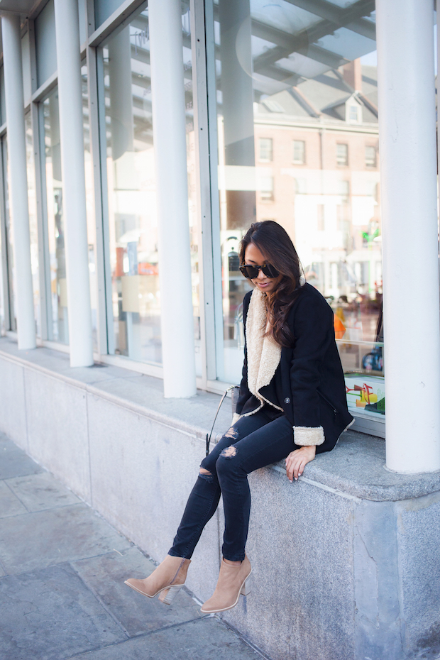 shearling jacket, shearling waterfall jacket, bernardo outerwear, the view from 5 ft. 2, ripped jeans, fall booties