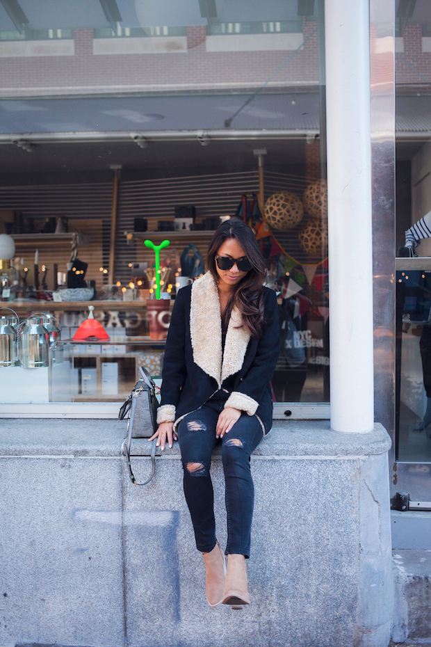 shearling jacket, shearling waterfall jacket, bernardo outerwear, the view from 5 ft. 2, ripped jeans, fall booties