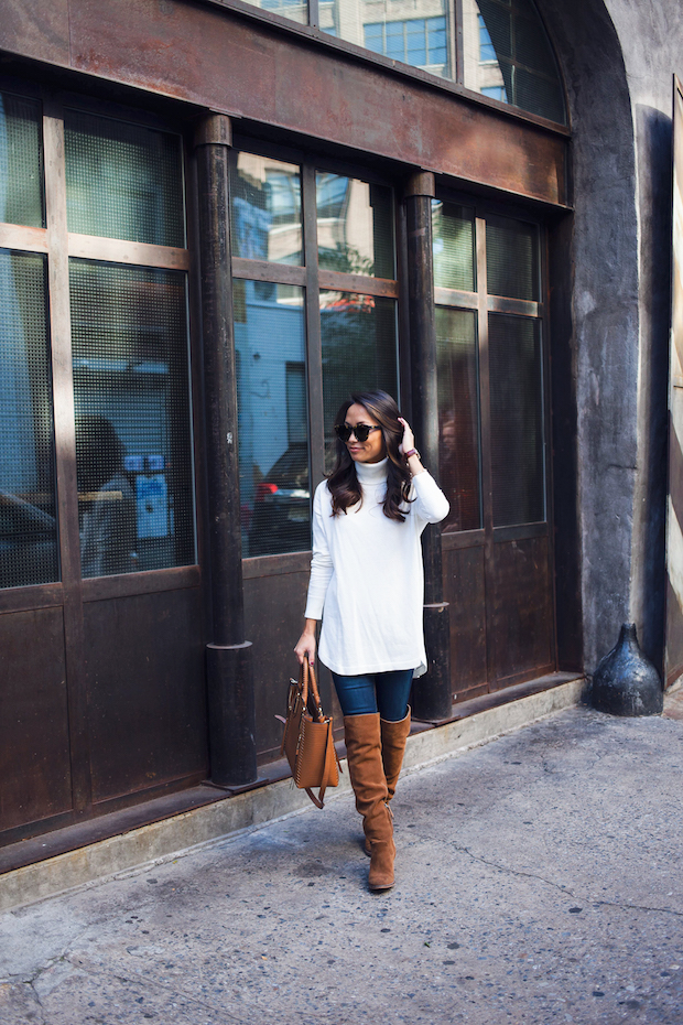 Brown Cardigan, White Dress + Brown OTK Boots