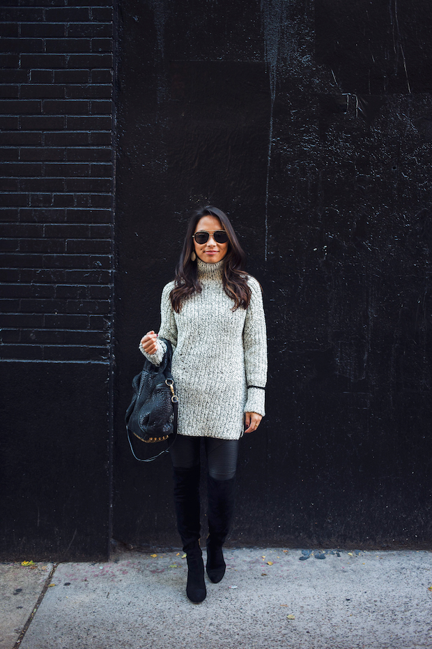 topshop sweater, faux leather leggings, over the knee boots, nordstrom sweaters, the view from 5 ft. 2, nyc bloggers