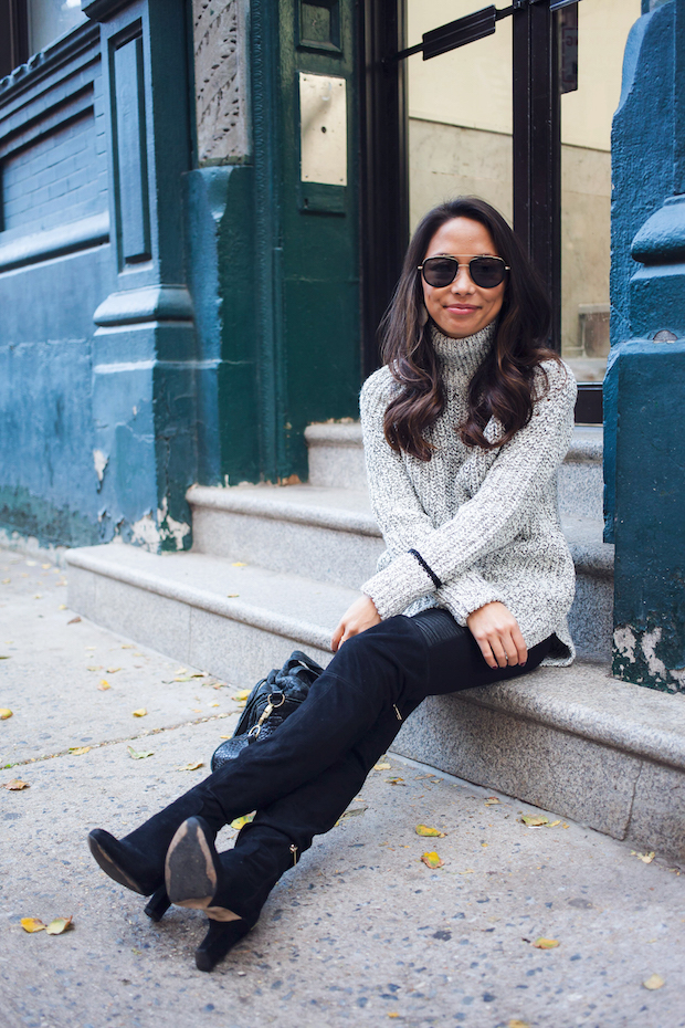 topshop sweater, faux leather leggings, over the knee boots, nordstrom sweaters, the view from 5 ft. 2, nyc bloggers