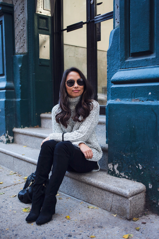 topshop sweater, faux leather leggings, over the knee boots, nordstrom sweaters, the view from 5 ft. 2, nyc bloggers