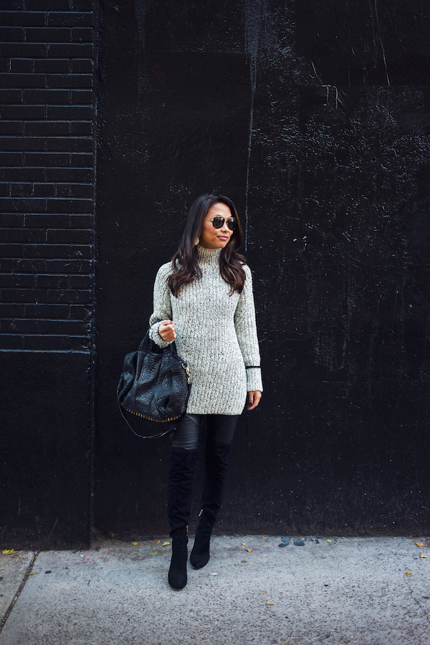 topshop sweater, faux leather leggings, over the knee boots, nordstrom sweaters, the view from 5 ft. 2, nyc bloggers