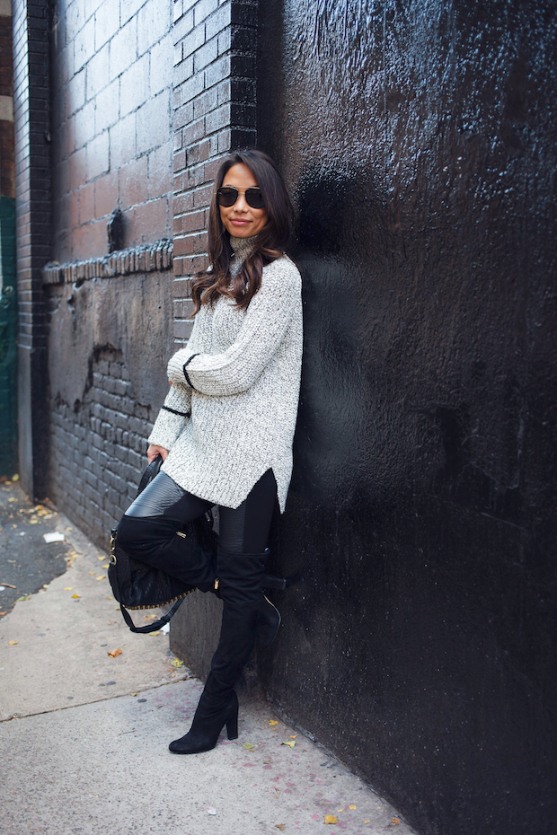 topshop sweater, faux leather leggings, over the knee boots, nordstrom sweaters, the view from 5 ft. 2, nyc bloggers