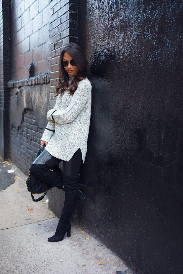 topshop sweater, faux leather leggings, over the knee boots, nordstrom sweaters, the view from 5 ft. 2, nyc bloggers