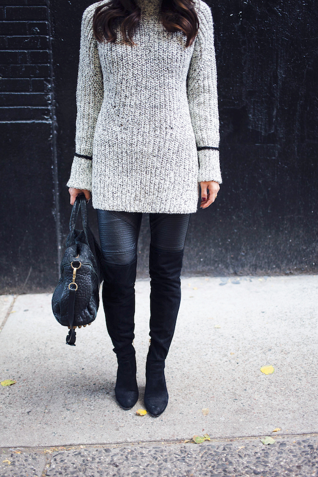 topshop sweater, faux leather leggings, over the knee boots, nordstrom sweaters, the view from 5 ft. 2, nyc bloggers