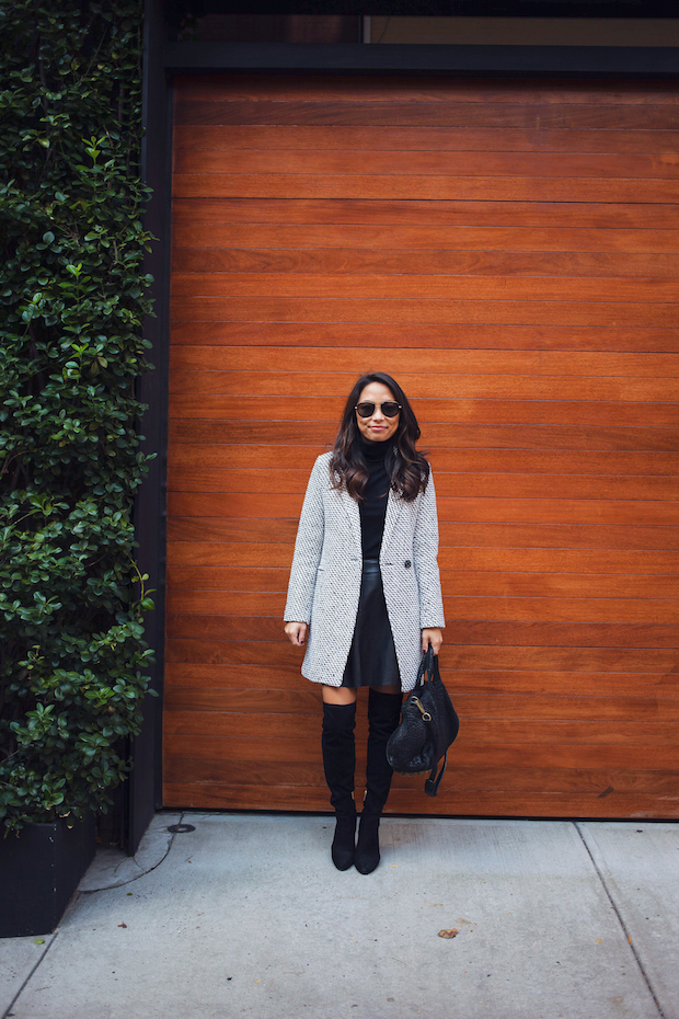 date night outfits, tweed coat, winter outfits, black over the knee boots, new york bloggers, christine petric