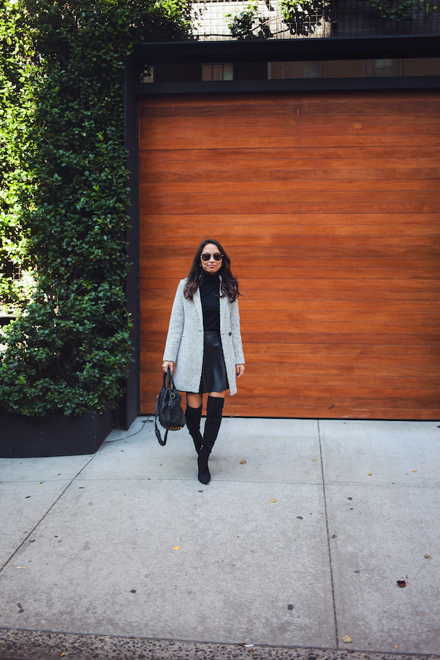 date night outfits, tweed coat, winter outfits, black over the knee boots, new york bloggers, christine petric