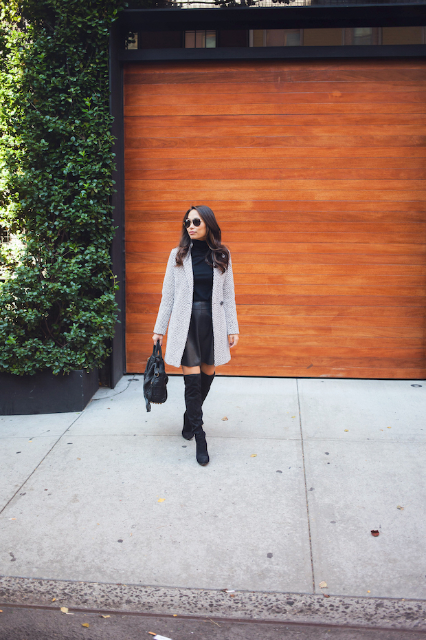 date night outfits, tweed coat, winter outfits, black over the knee boots, new york bloggers, christine petric