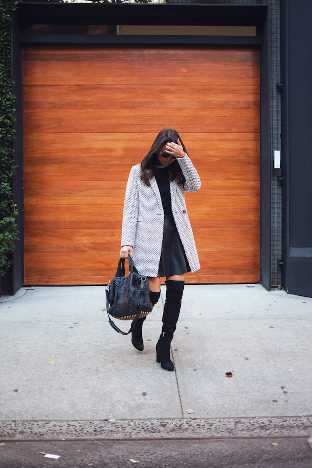 date night outfits, tweed coat, winter outfits, black over the knee boots, new york bloggers, christine petric