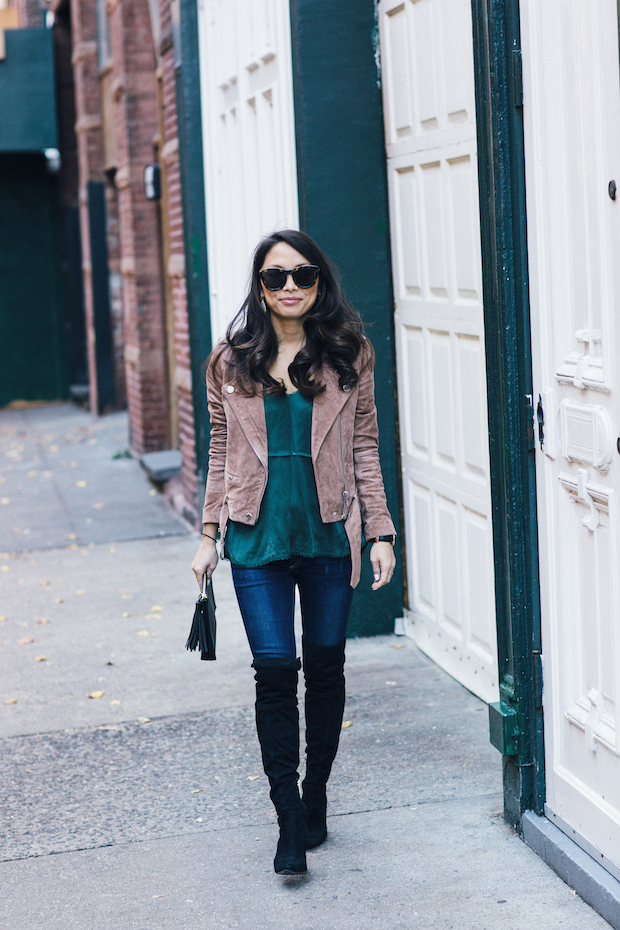 suede moto jacket, silk cami, over the knee boots