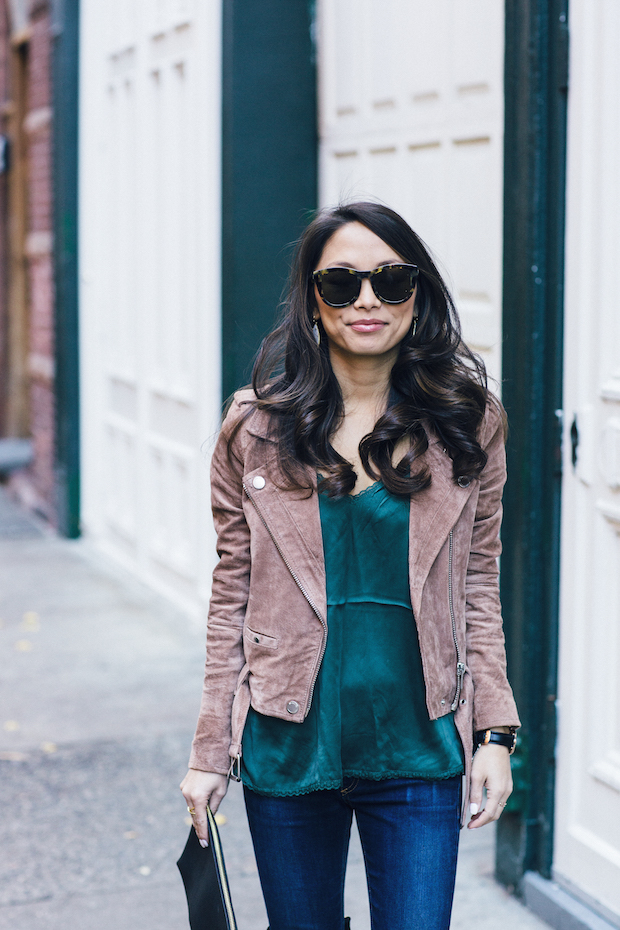 suede moto jacket, silk cami, over the knee boots