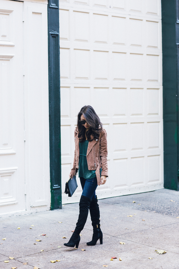 suede moto jacket, silk cami, over the knee boots