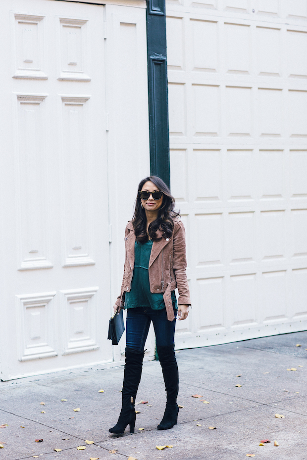 suede moto jacket, silk cami, over the knee boots