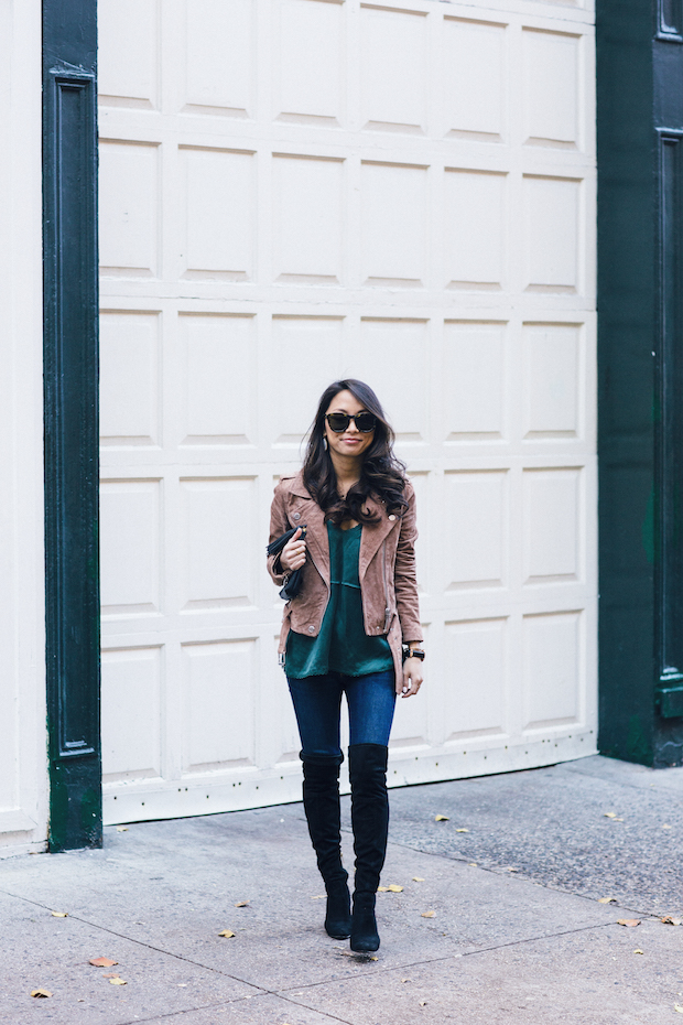 suede moto jacket, silk cami, over the knee boots