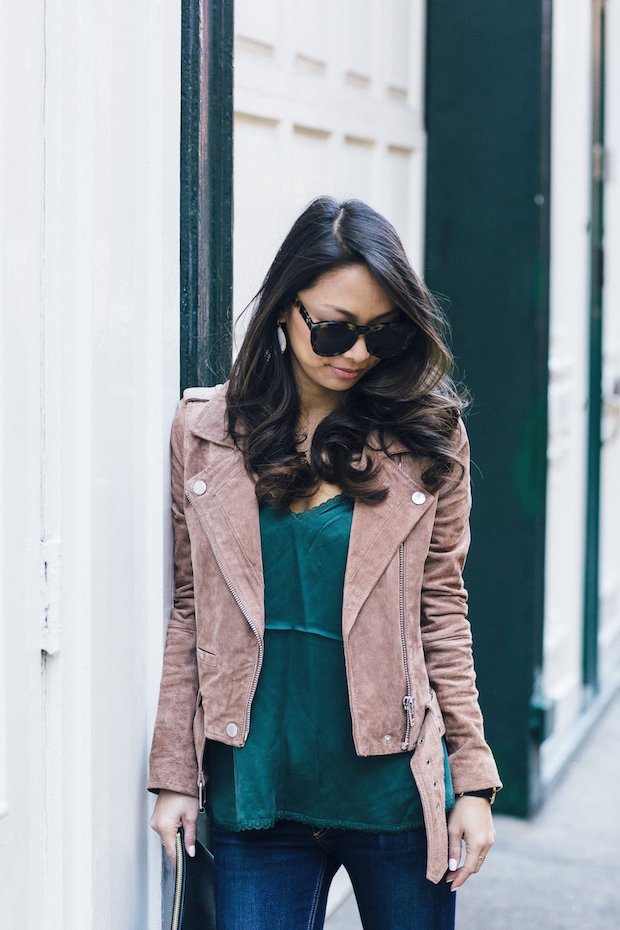 suede moto jacket, silk cami, over the knee boots