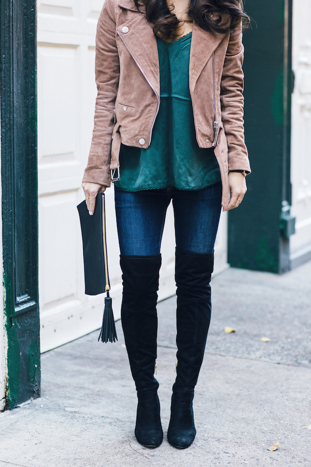 suede moto jacket, silk cami, over the knee boots