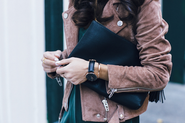 suede moto jacket, silk cami, over the knee boots