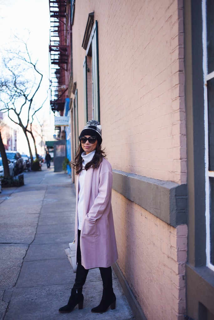 nordstrom coats, winter wardrobe, pompom beanie, pink coat, christine petric, winter style