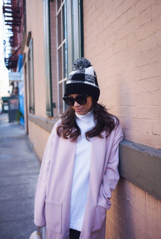 nordstrom coats, winter wardrobe, pompom beanie, pink coat, christine petric, winter style