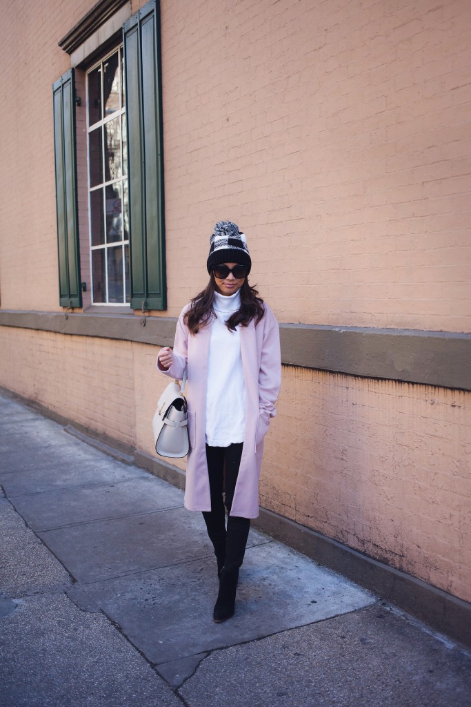 nordstrom coats, winter wardrobe, pompom beanie, pink coat, christine petric, winter style