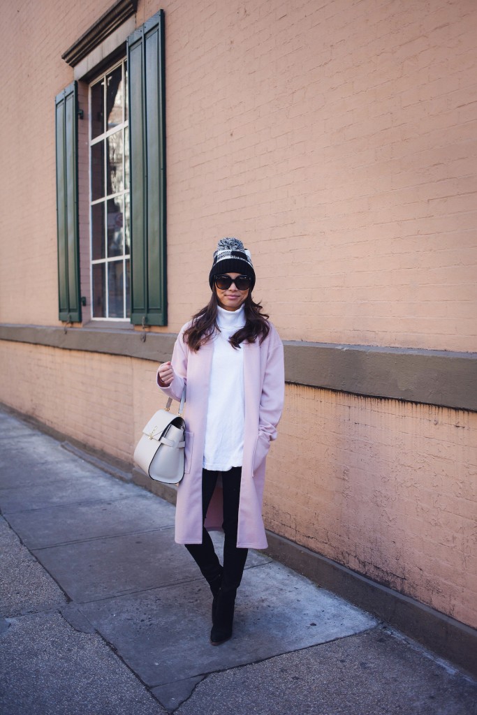 nordstrom coats, winter wardrobe, pompom beanie, pink coat, christine petric, winter style