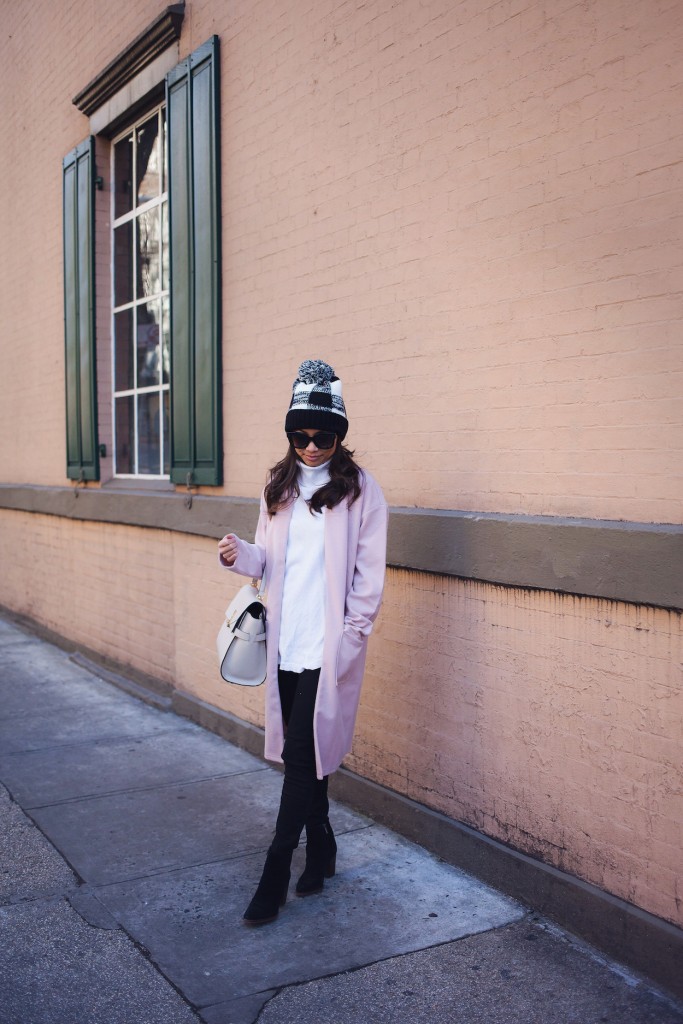 nordstrom coats, winter wardrobe, pompom beanie, pink coat, christine petric, winter style