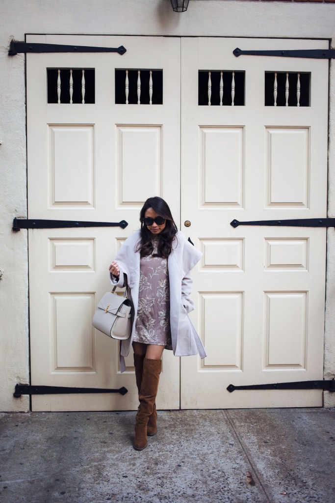 nordstrom wrap coat, jersey dress, over the knee boots, winter style, neutrals, new york bloggers