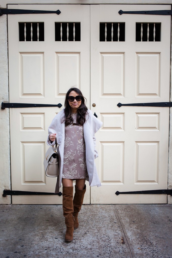 nordstrom wrap coat, jersey dress, over the knee boots, winter style, neutrals