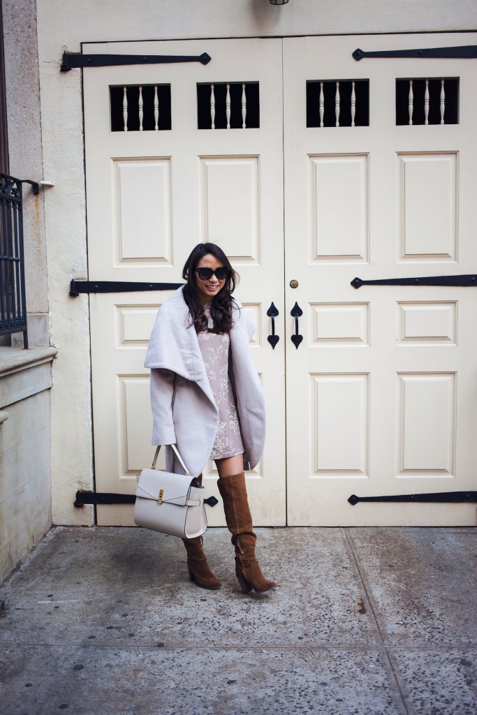 nordstrom wrap coat, jersey dress, over the knee boots, winter style, neutrals, new york bloggers