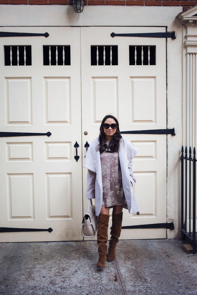 nordstrom wrap coat, jersey dress, over the knee boots, winter style, neutrals, new york bloggers