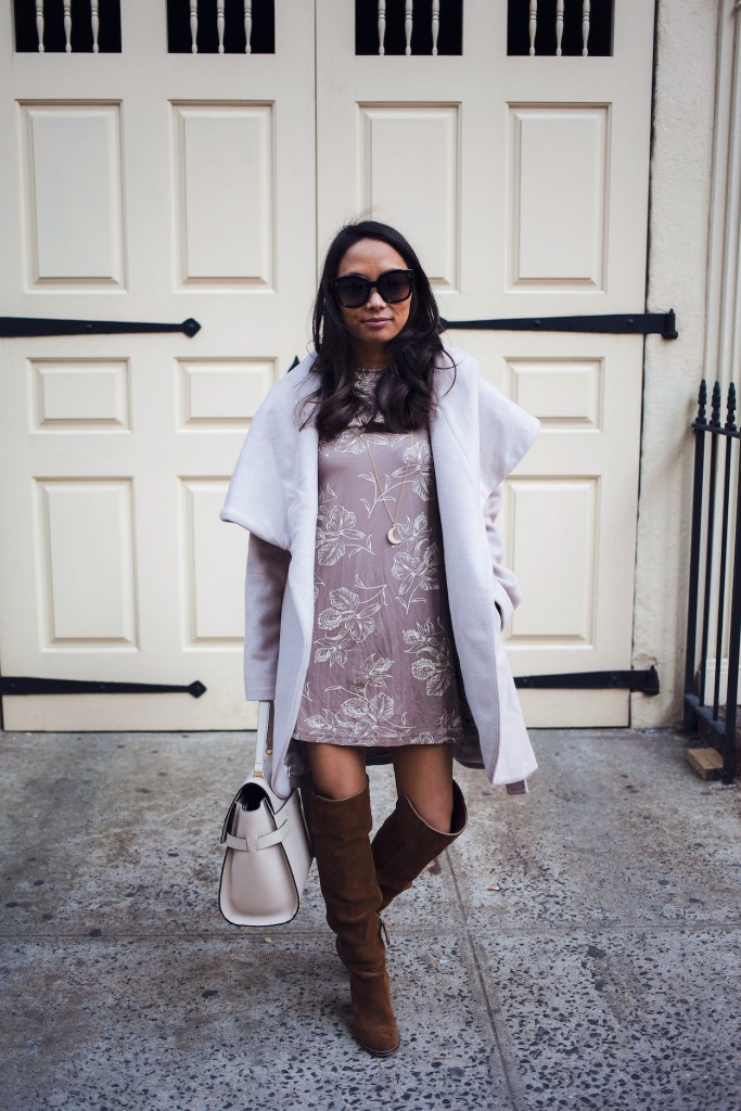 nordstrom wrap coat, jersey dress, over the knee boots, winter style, neutrals, new york bloggers