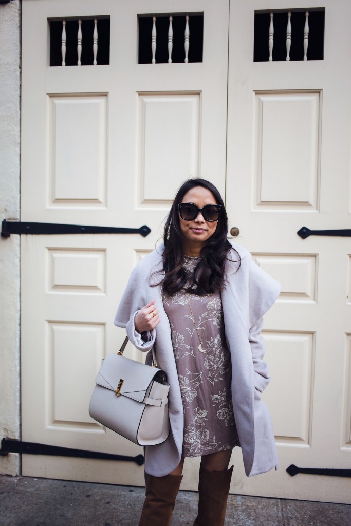 nordstrom wrap coat, jersey dress, over the knee boots, winter style, neutrals, new york bloggers