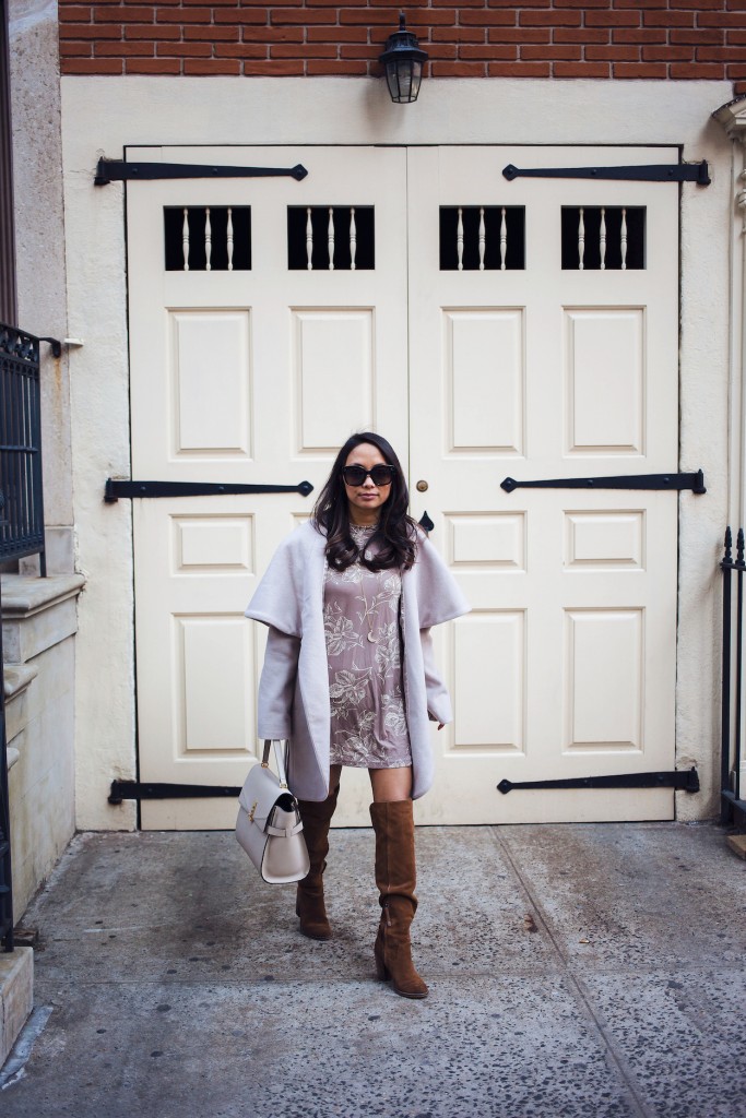 nordstrom wrap coat, jersey dress, over the knee boots, winter style, neutrals, new york bloggers