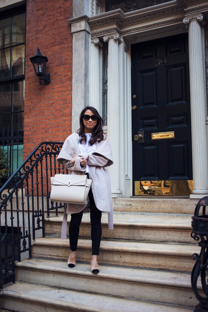 aritizia blouse, winter coat, cap toe shoes, chanel shoes, henri bendel, winter style