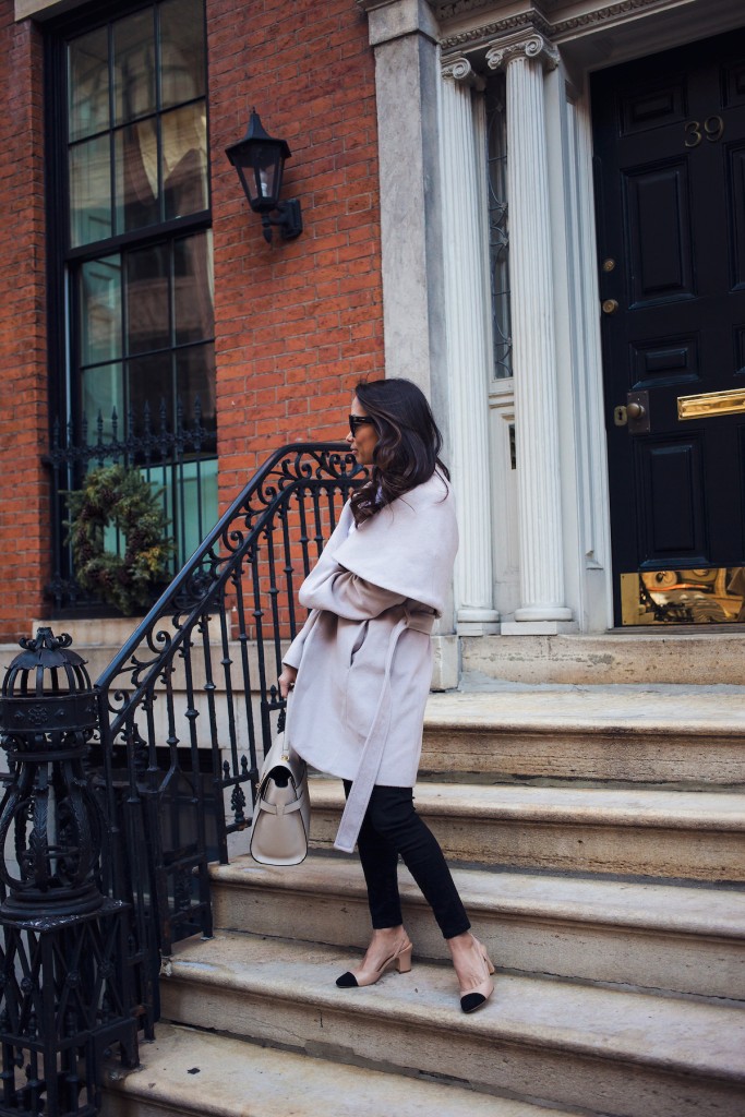 aritizia blouse, winter coat, cap toe shoes, chanel shoes, henri bendel, winter style