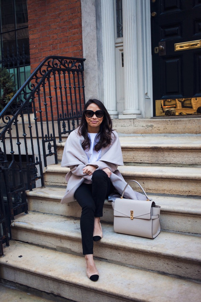 aritizia blouse, winter coat, cap toe shoes, chanel shoes, henri bendel, winter style