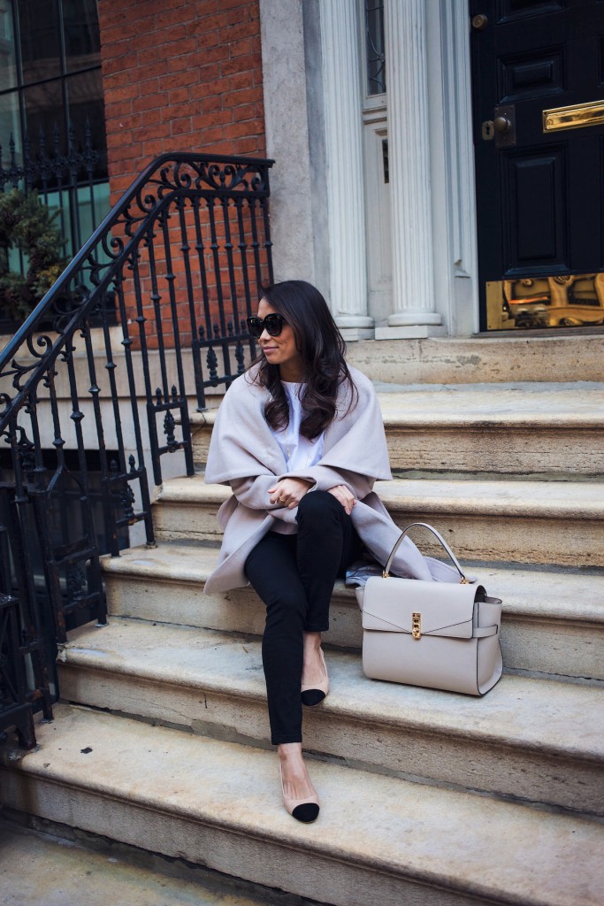 aritizia blouse, winter coat, cap toe shoes, chanel shoes, henri bendel, winter style