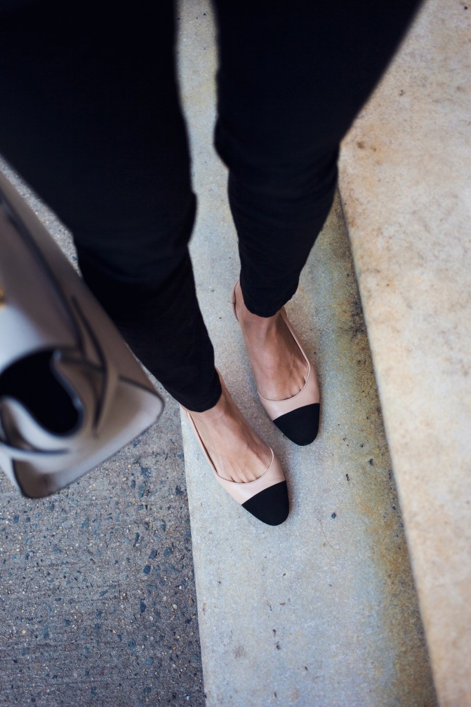 aritizia blouse, winter coat, cap toe shoes, chanel shoes, henri bendel, winter style