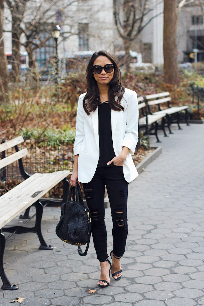 express petites, black ripped skinny jeans, boyfriend blazer, petites, the view from 5 ft. 2