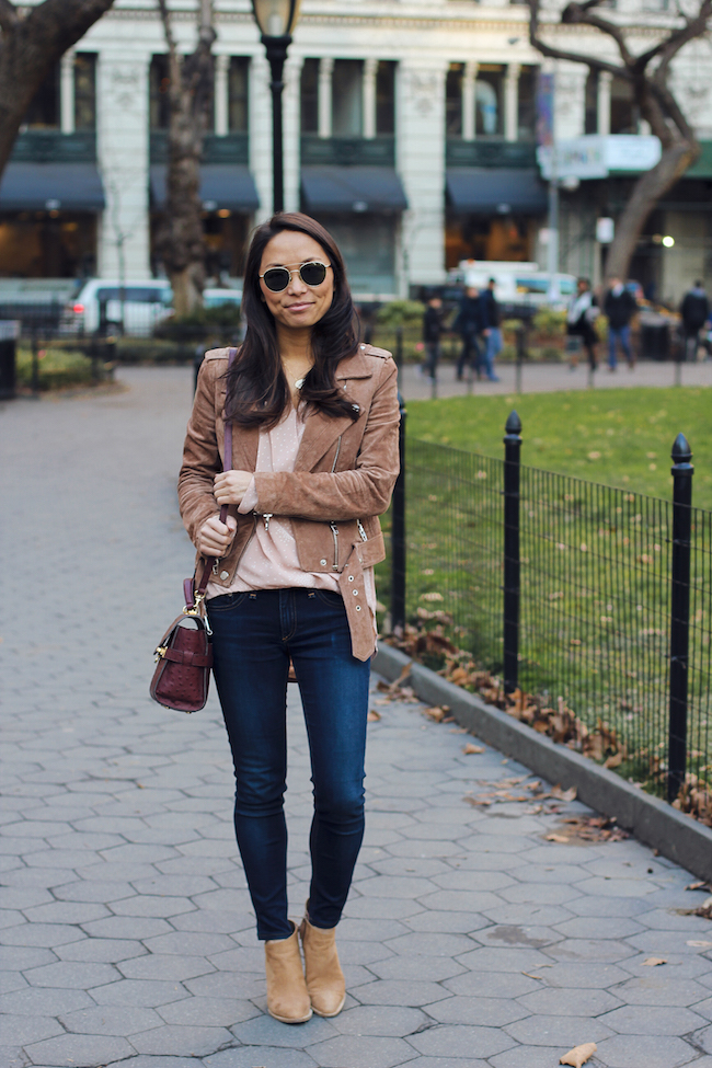 suede moto jacket, shop ditto, rag and bone jeans, petite style, nyc bloggers