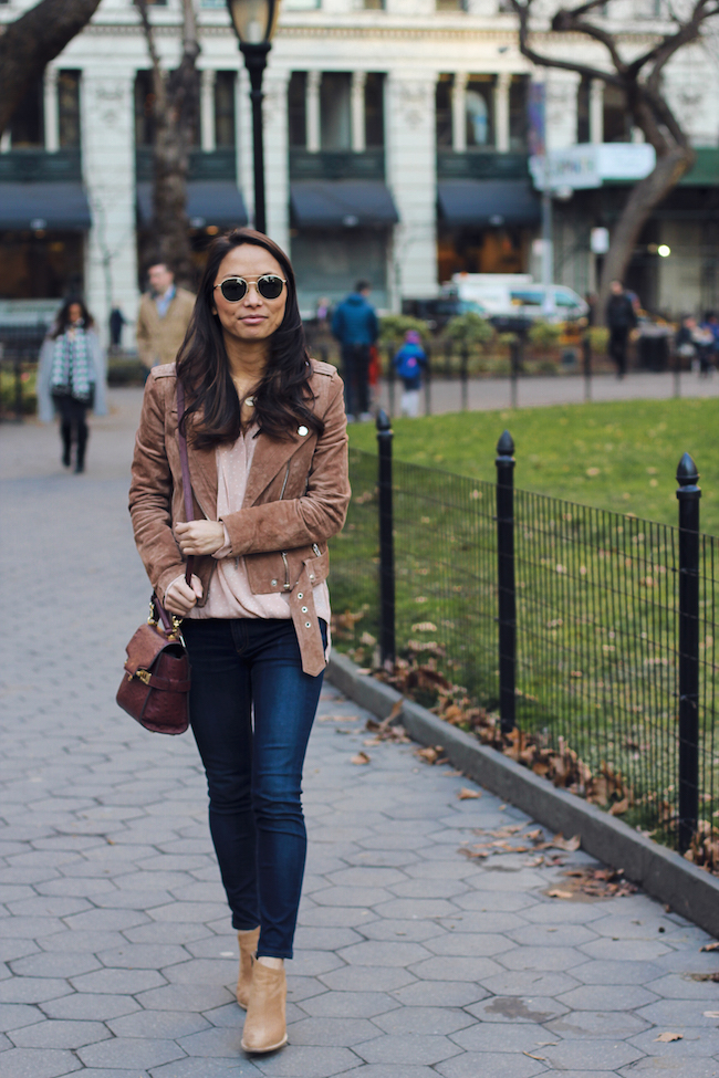 suede moto jacket, shop ditto, rag and bone jeans, petite style, nyc bloggers