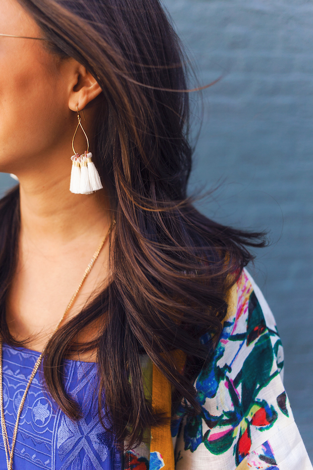 anthropologie, anthro petites, midi dress, kimono, tassel earrings, the view from 5 ft. 2, petite bloggers, nyc bloggers