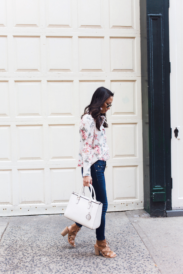 nordstrom spring sandals, floral blouse, spring outfits, christine petric, petite bloggers, nyc bloggers