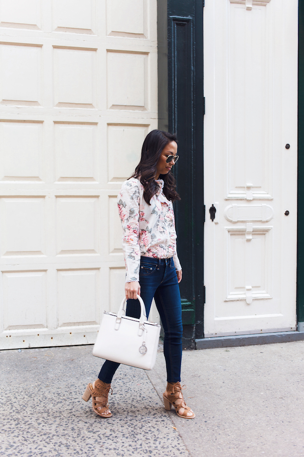 nordstrom spring sandals, floral blouse, spring outfits, christine petric, petite bloggers, nyc bloggers