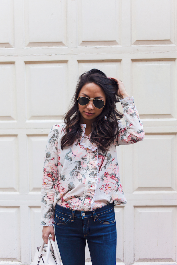 nordstrom spring sandals, floral blouse, spring outfits, christine petric, petite bloggers, nyc bloggers