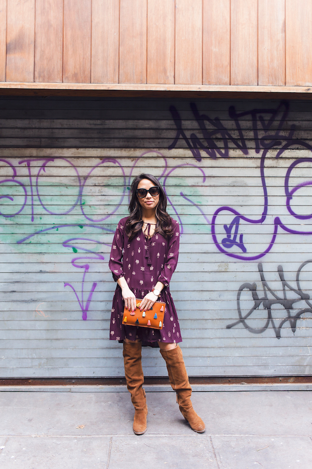 transitioning from winter, drop waist dress, fossil, over the knee boots