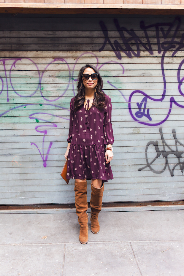 transitioning from winter, drop waist dress, fossil, over the knee boots