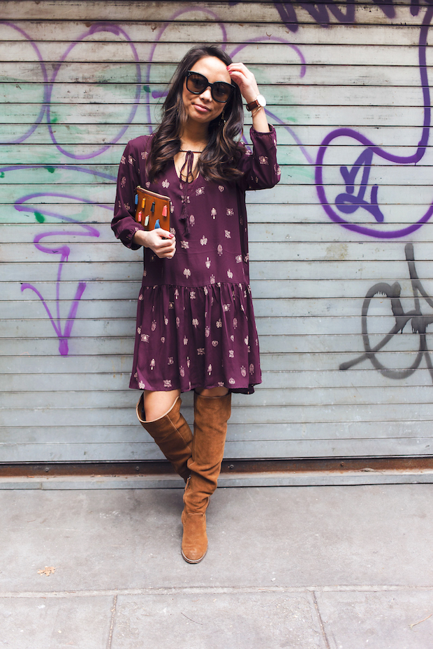 transitioning from winter, drop waist dress, fossil, over the knee boots