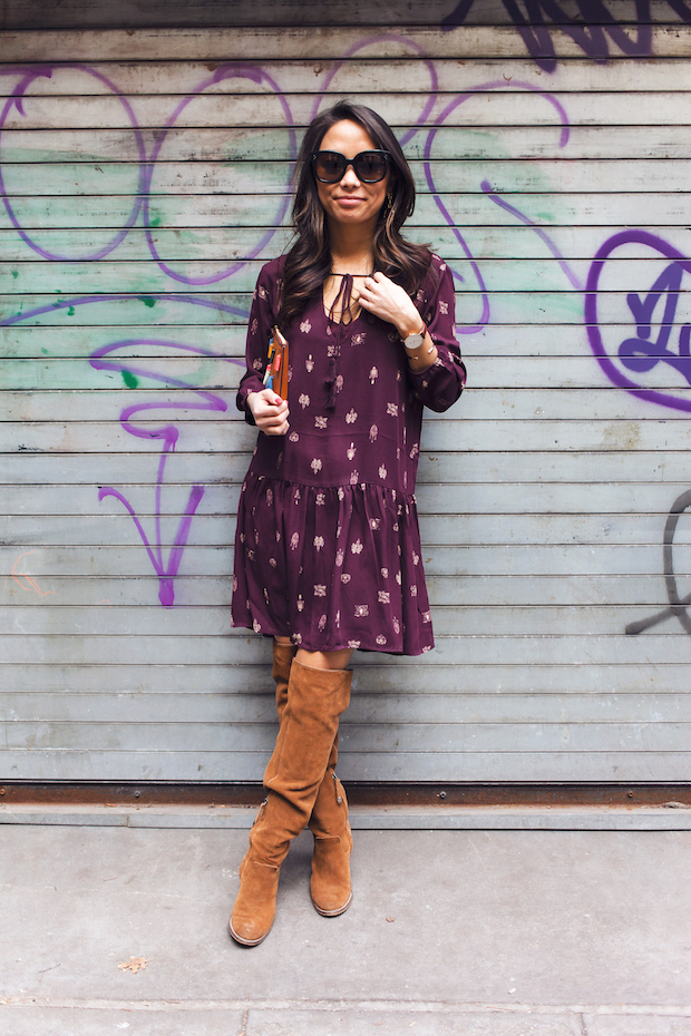 transitioning from winter, drop waist dress, fossil, over the knee boots